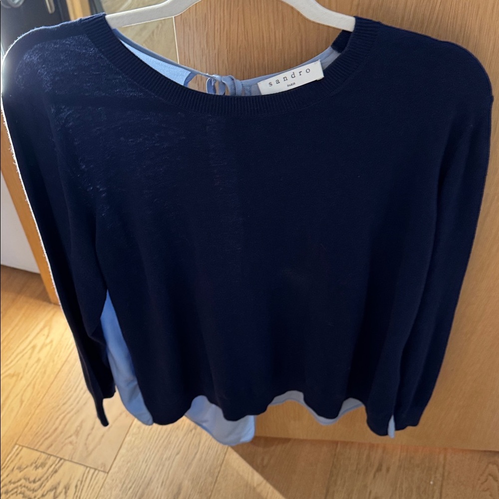 Sandro Deep Blue Knit Top with silk draped back